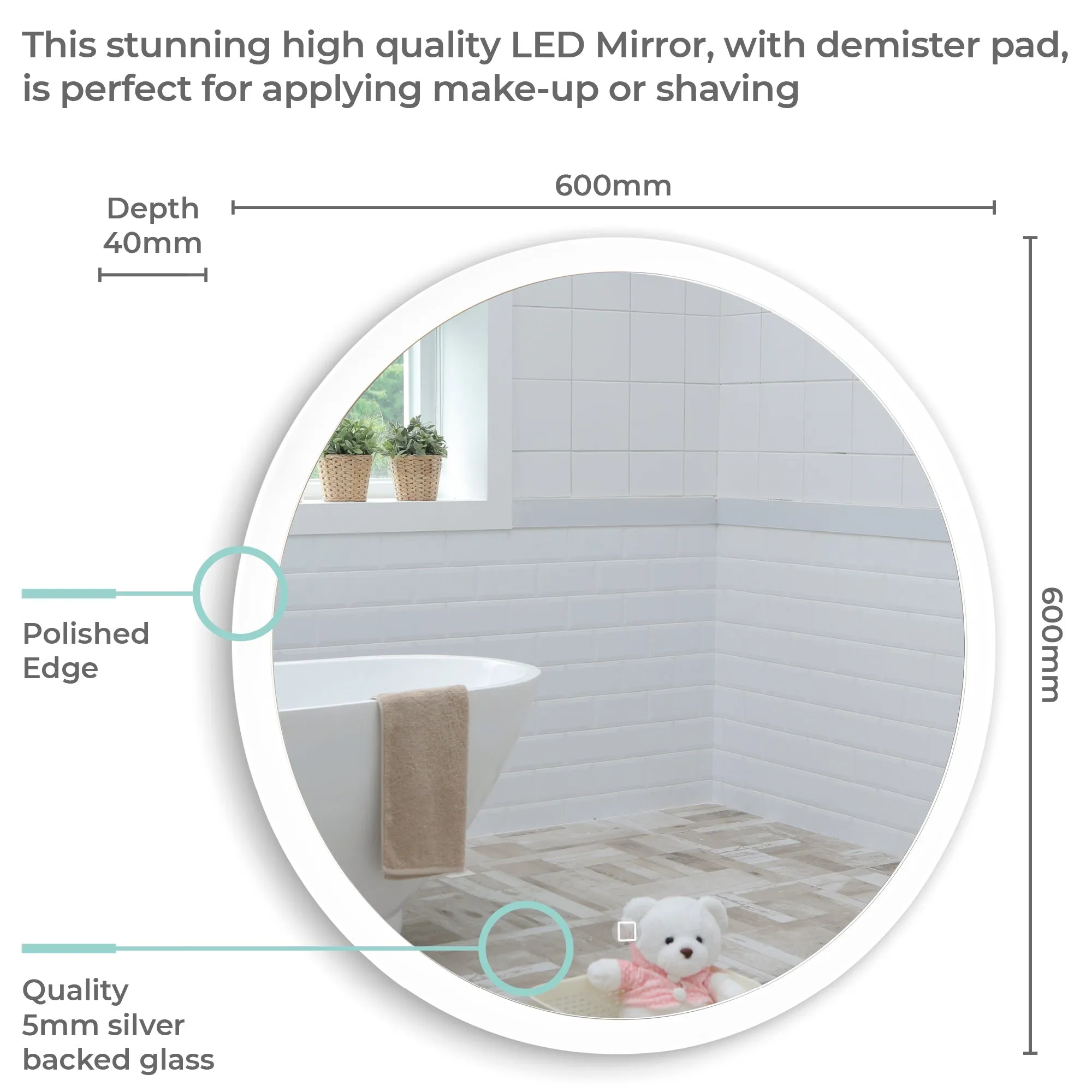 Ara LED Illuminated Bathroom Wall Mirror Warm/Cold LED's: Size-60HX60WX5.5Dcm LED43