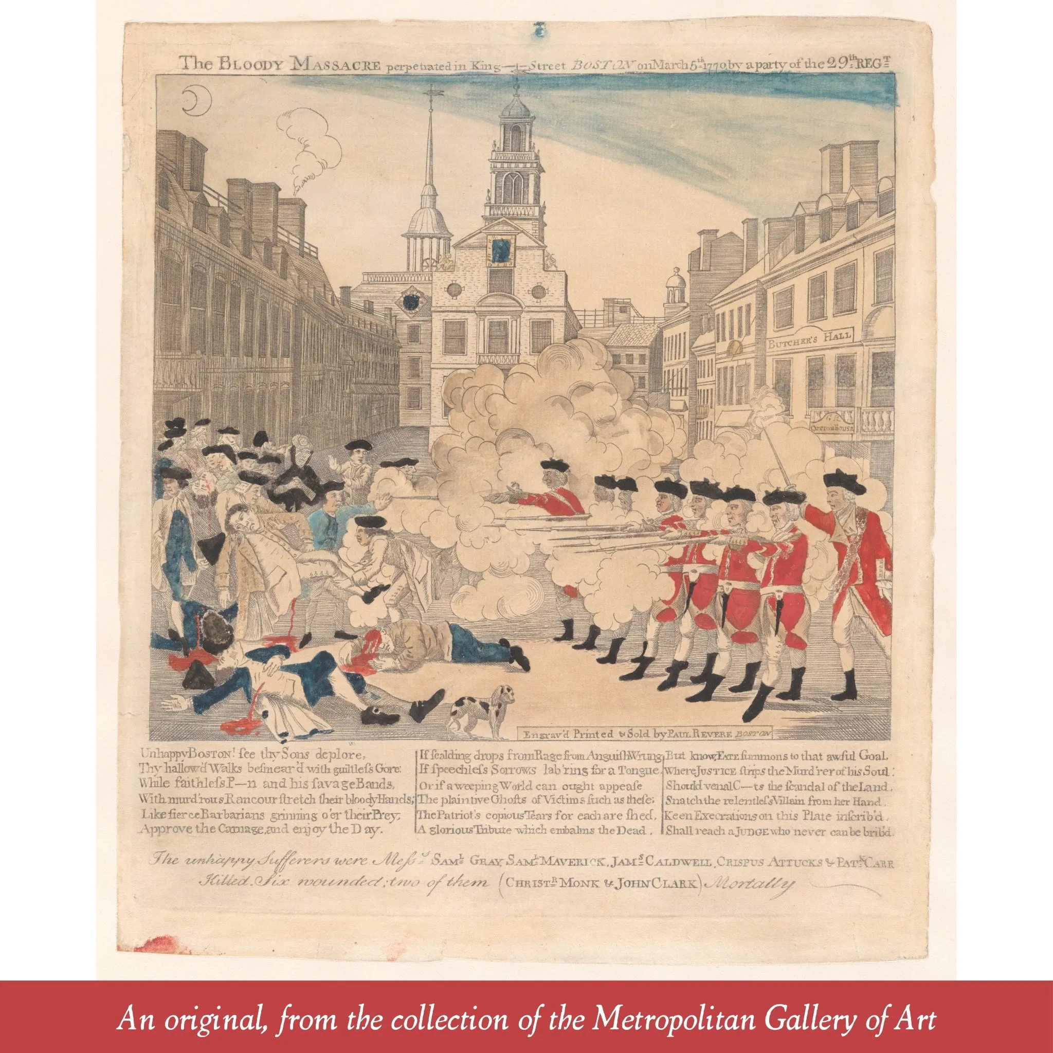 Boston Massacre print made from Revere's original plate — Framed