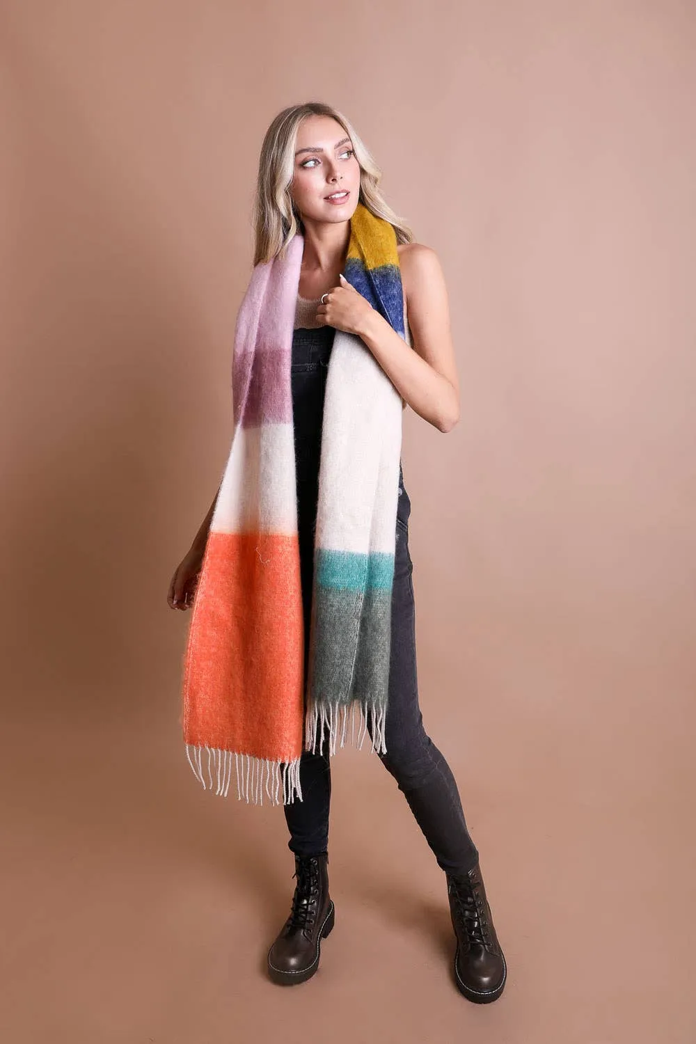 Color Block Soft Faux Mohair Scarf in Green and Orange