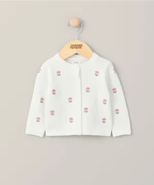 Floral Embroidered Knit Cardigan - White