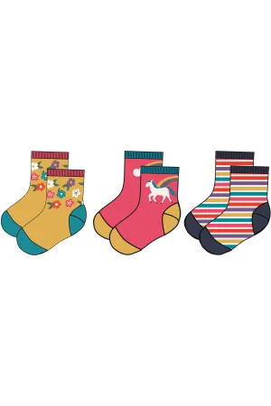 Frugi Little Socks 3 Pack, Pegasus Rainbow Flowers