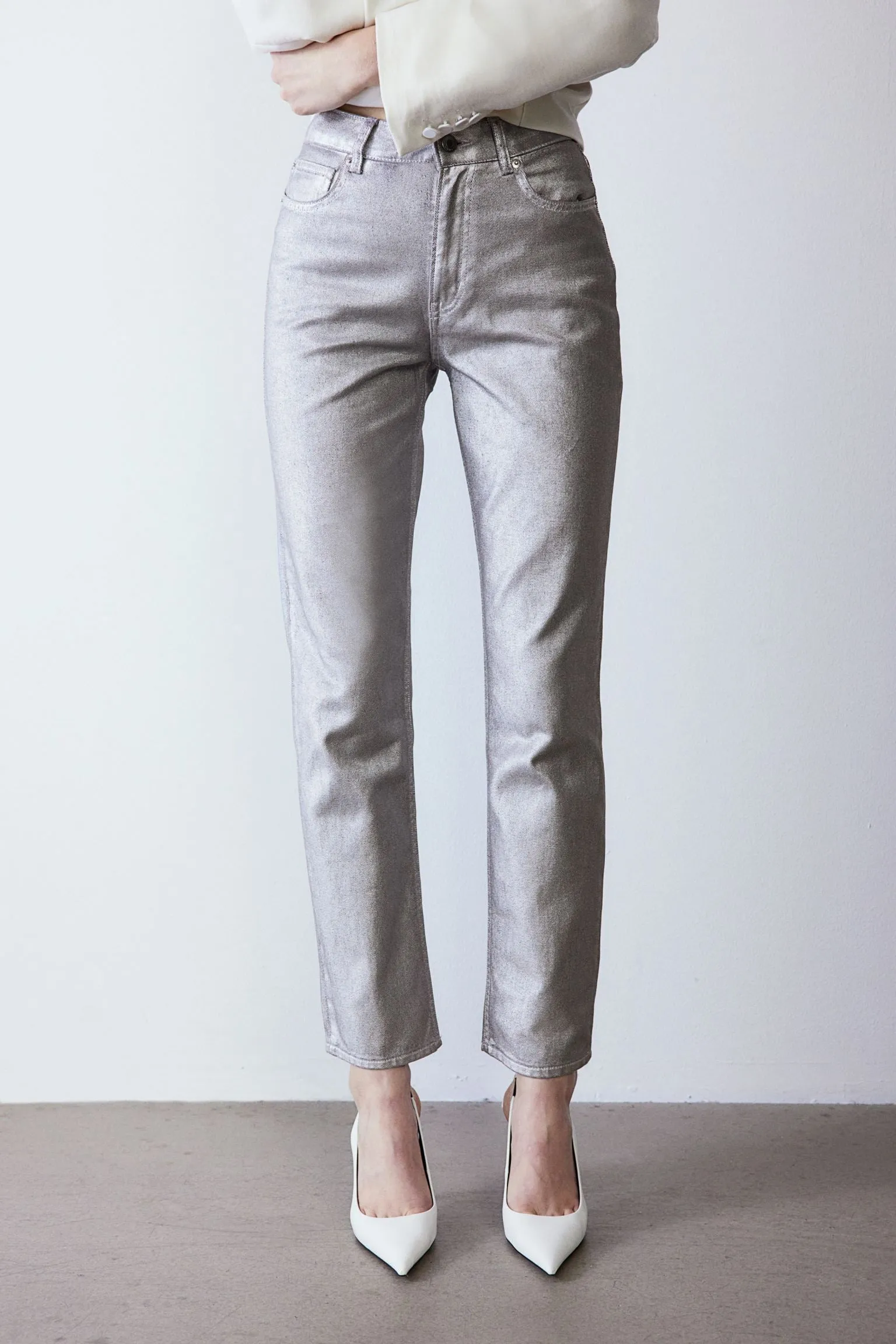 H&M Coated Straight High Jeans, Silver