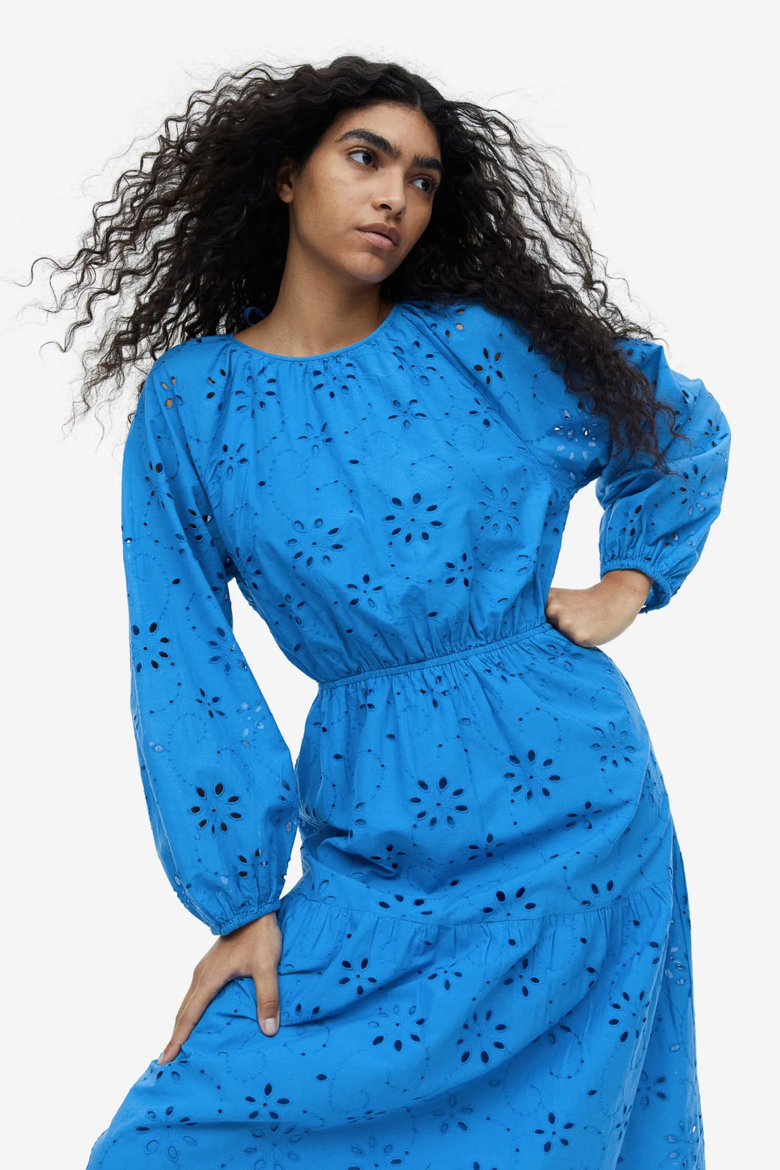 H&M Eyelet embroidered Tie-detail dress, blue