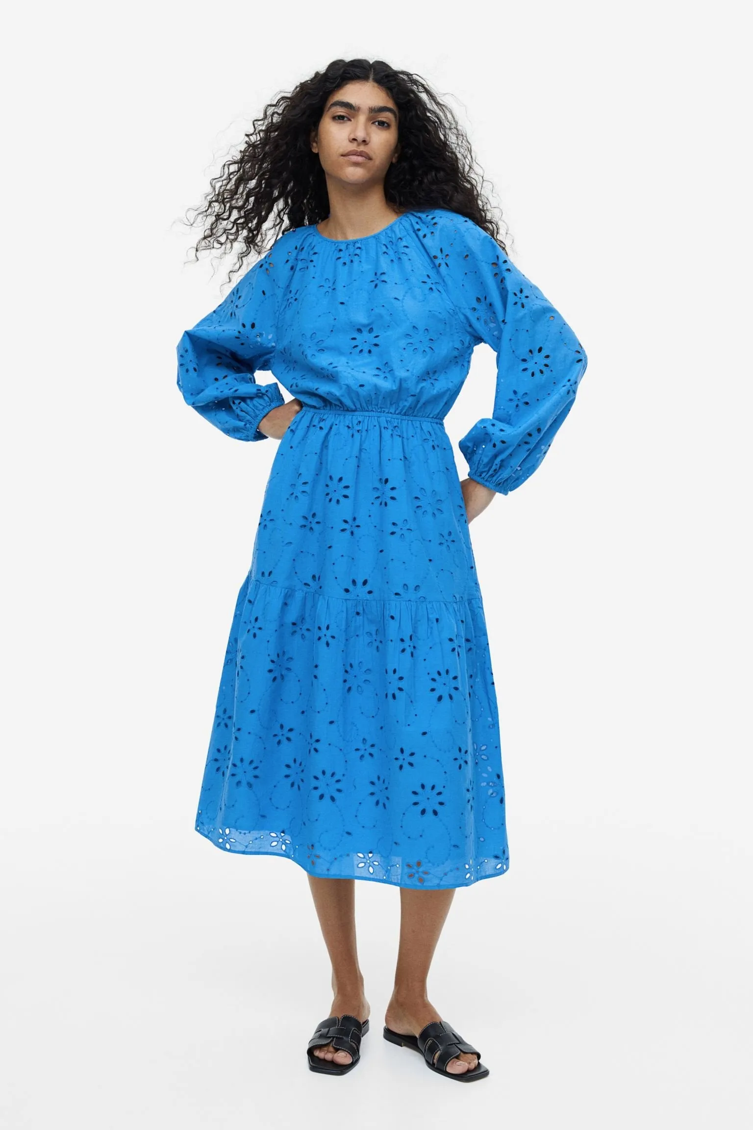 H&M Eyelet embroidered Tie-detail dress, blue