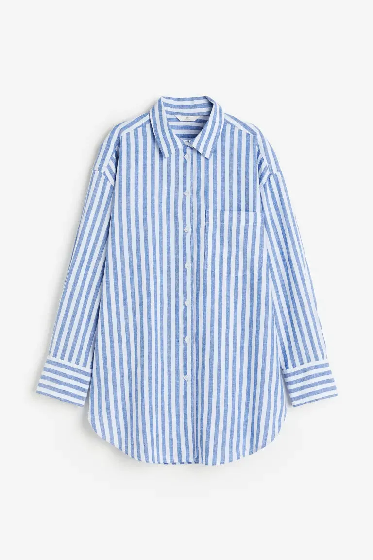 H&M Linen Blend Shirt, Blue/Striped