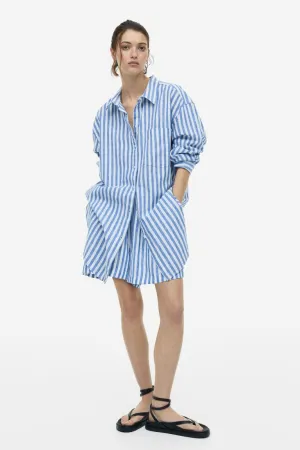 H&M Linen Blend Shirt, Blue/Striped