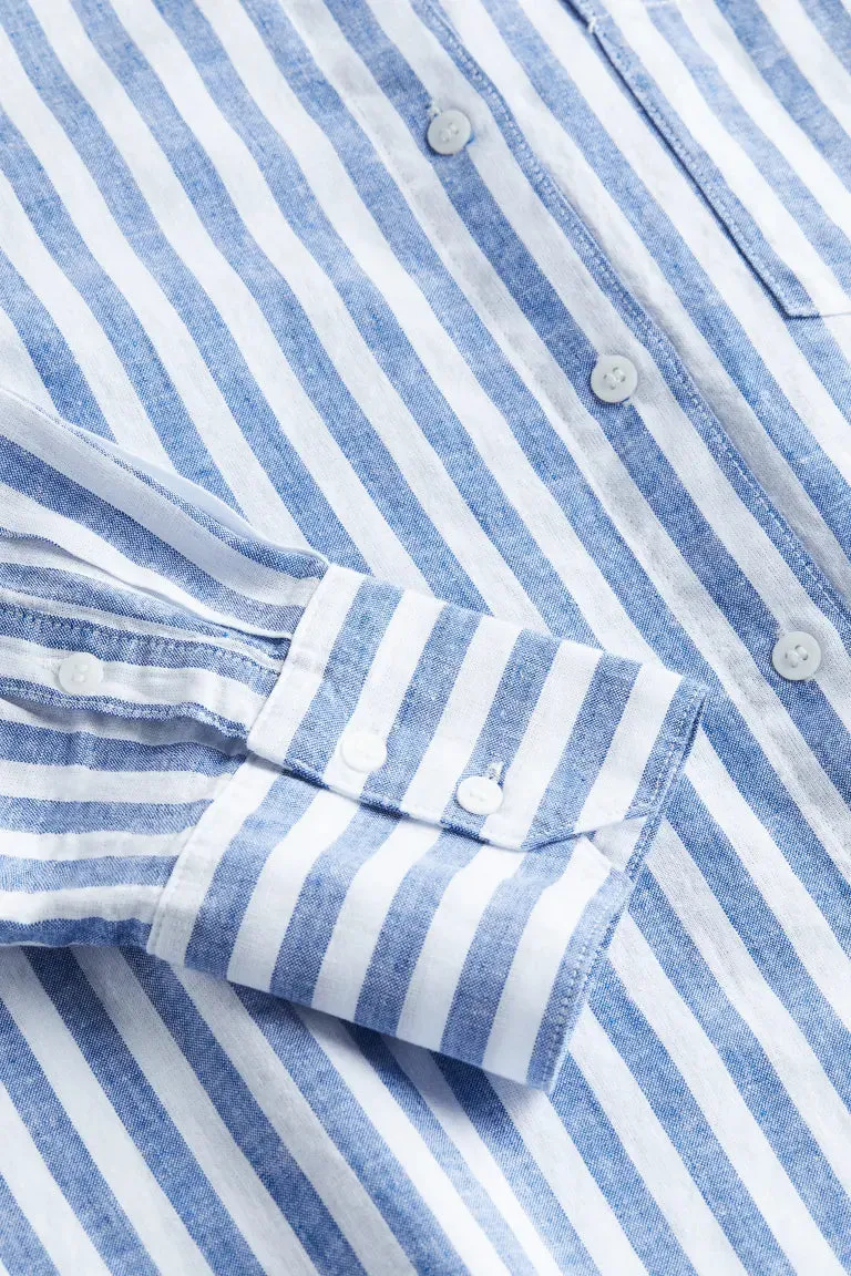 H&M Linen Blend Shirt, Blue/Striped