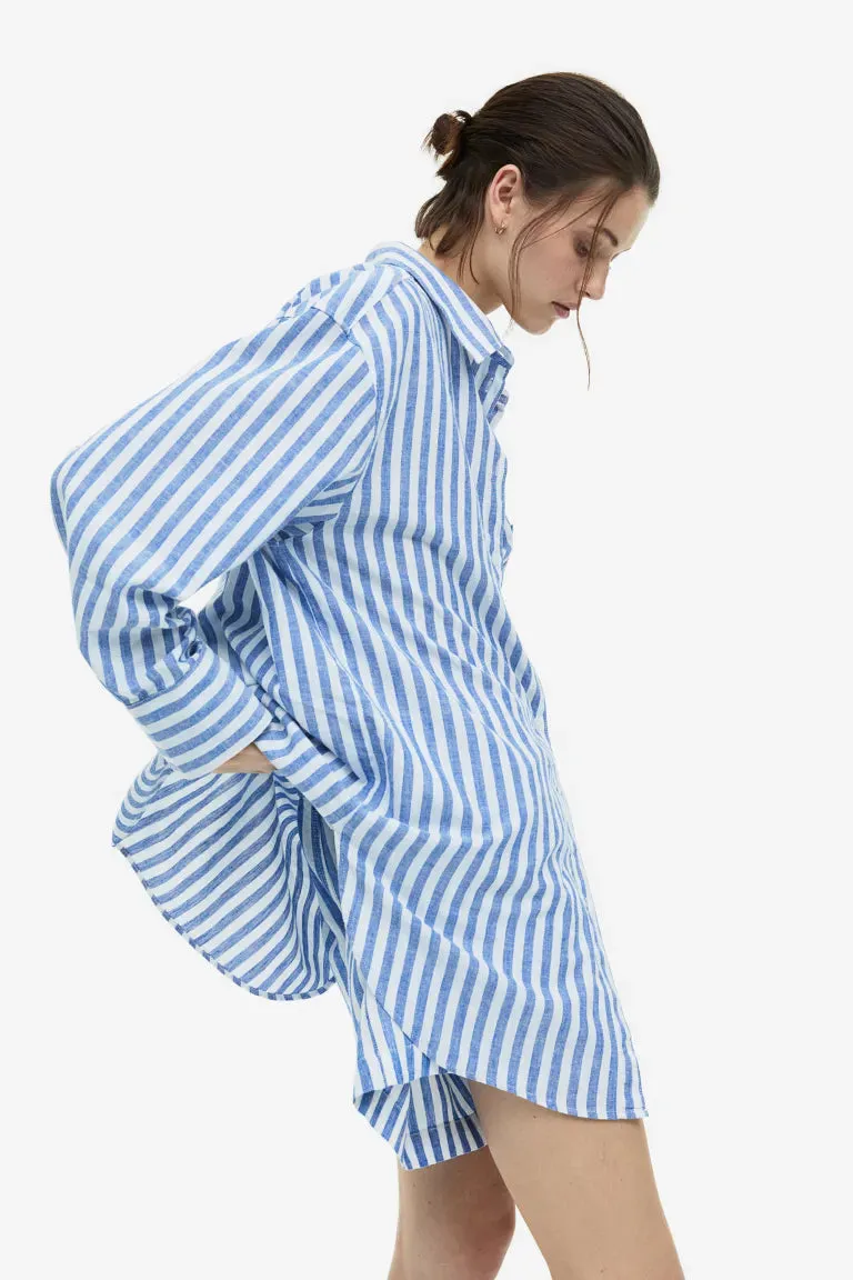 H&M Linen Blend Shirt, Blue/Striped