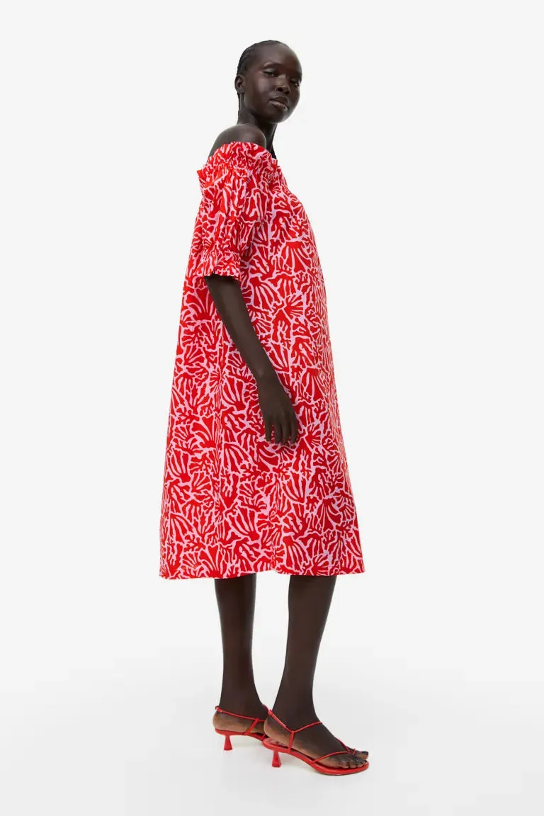 H&M off-shoulder dress, red/patterned