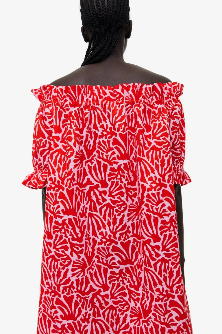 H&M off-shoulder dress, red/patterned