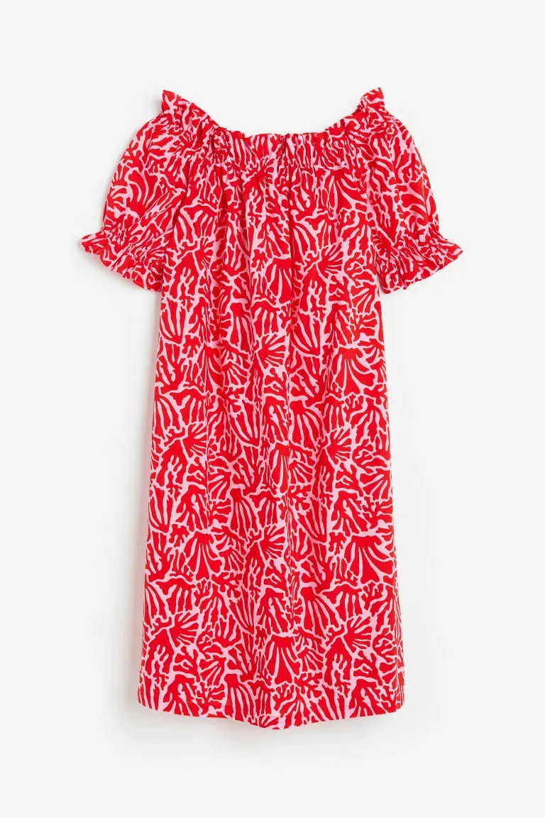 H&M off-shoulder dress, red/patterned