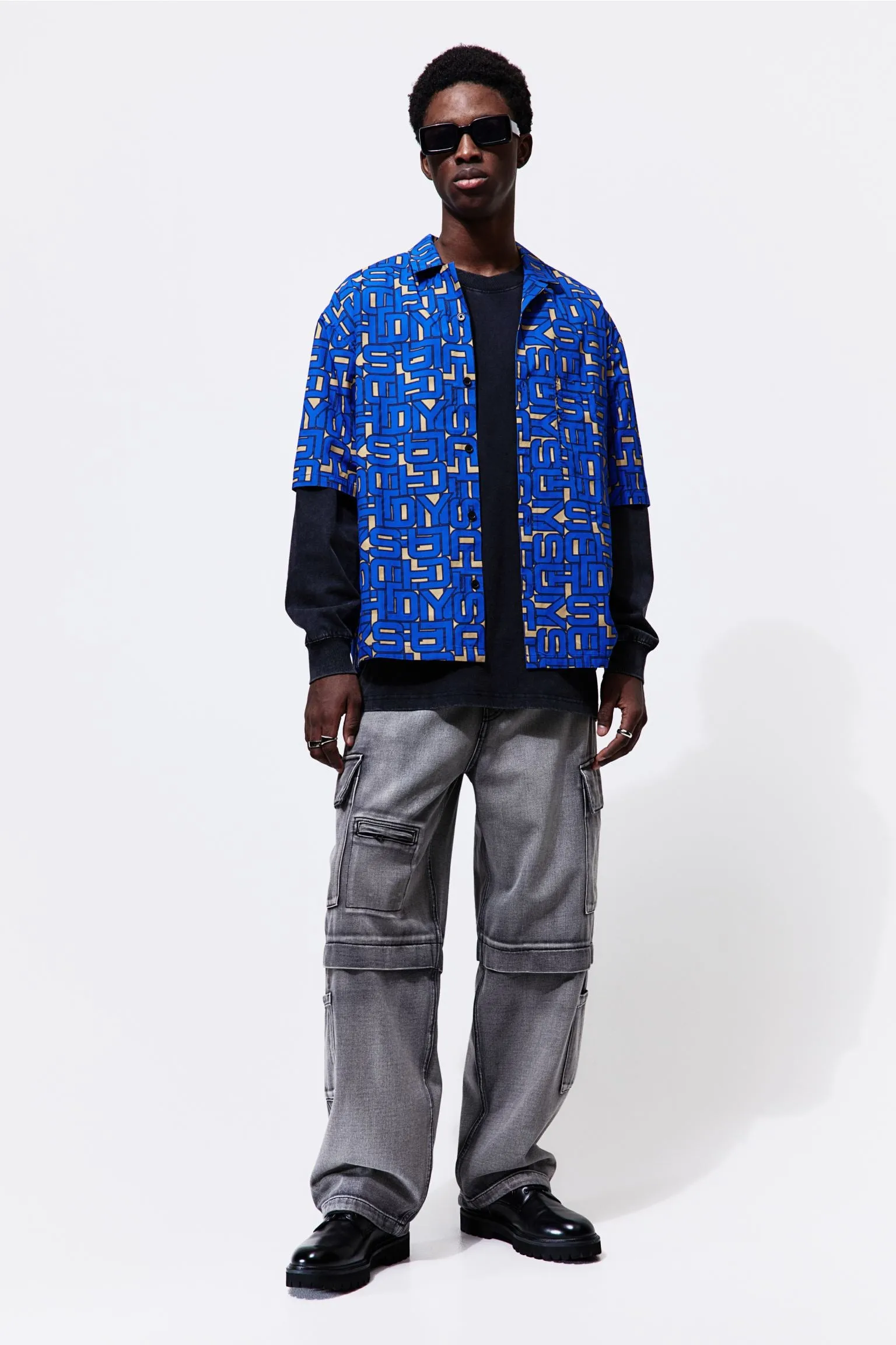 H&M Oversized Fit Patterned Resort Shirt, blue