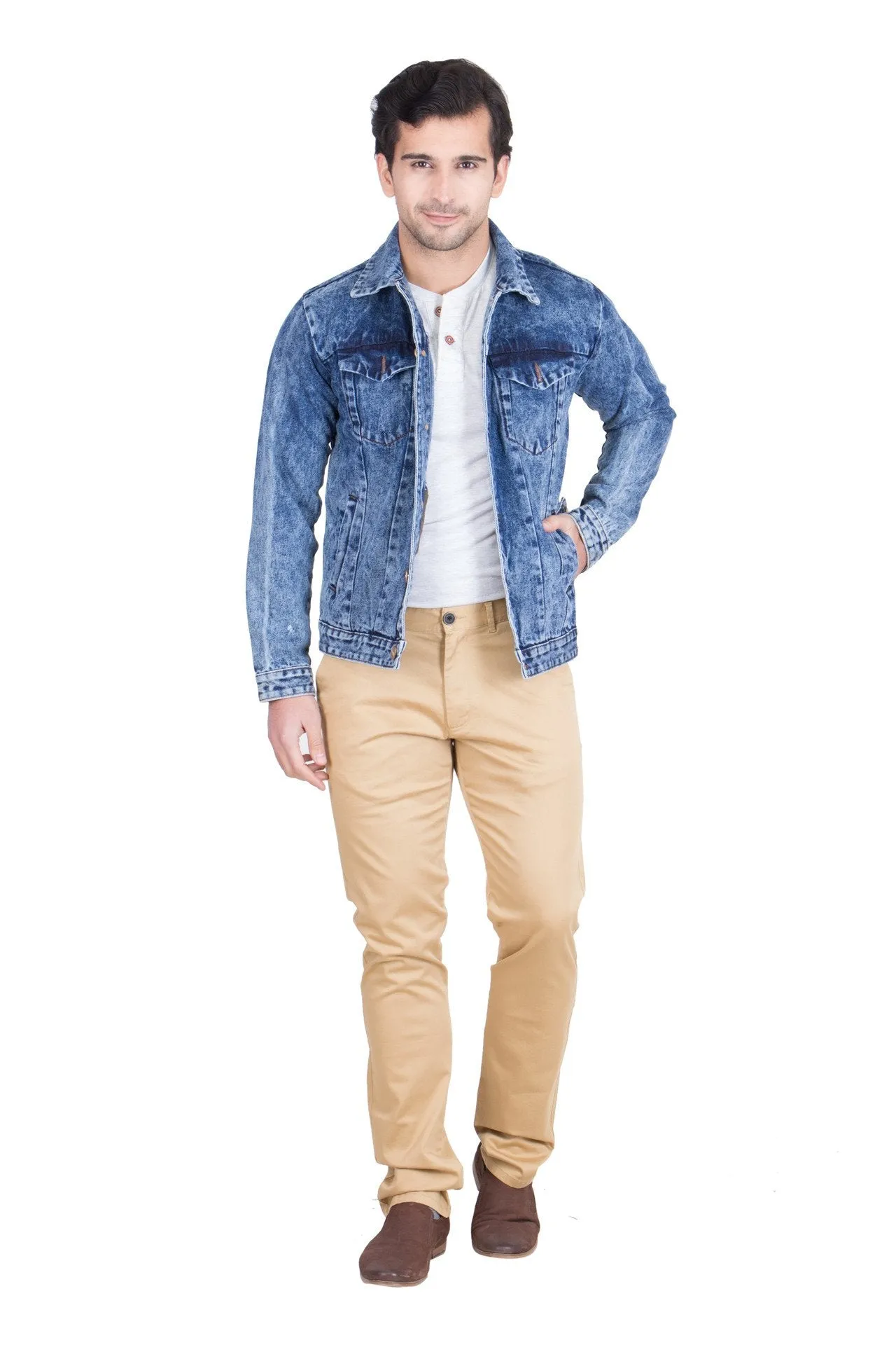 Krossstitch Full Sleeve Light Blue Cloud Wash Men's Denim Jacket with Brass Button