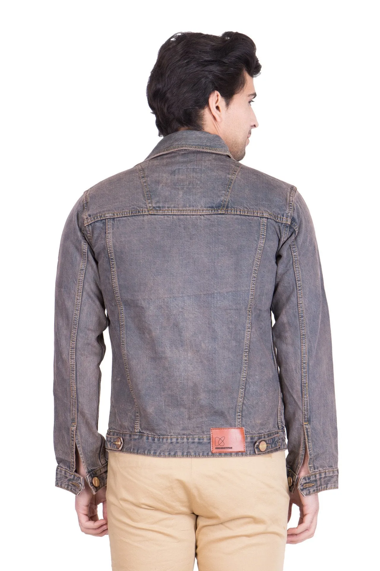 Krossstitch Full Sleeve Reddish Brown Men's Denim Jacket with Brass Button