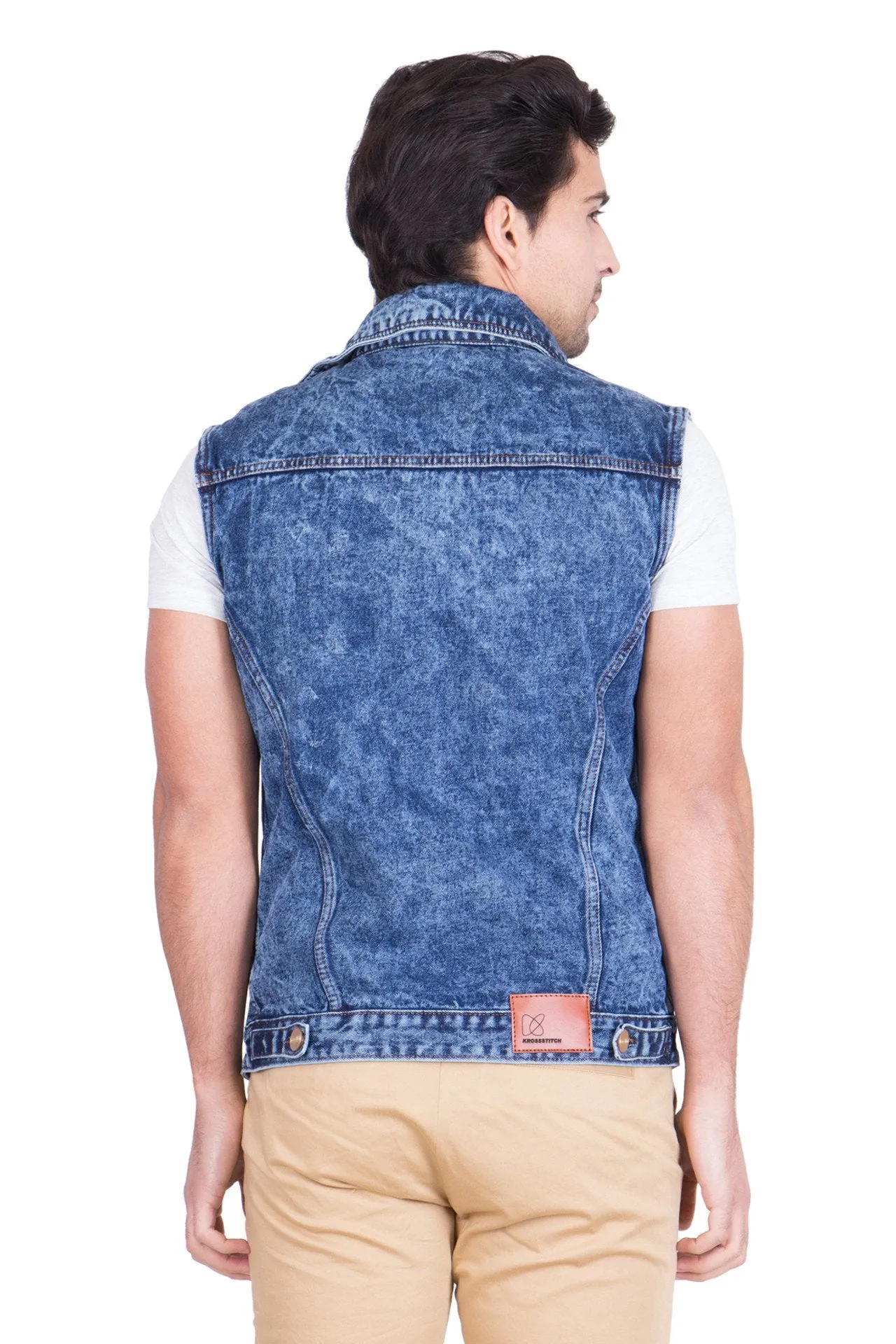 Krossstitch Sleeveless Blue Cloud Wash Men's Denim Jacket with Brass Button