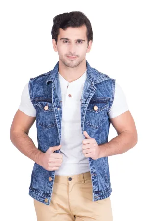 Krossstitch Sleeveless Blue Cloud Wash Men's Denim Jacket with Brass Button