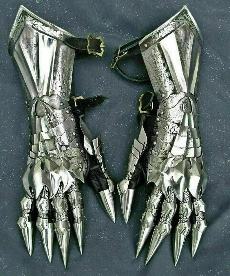 Medieval Gauntlet Gloves Pair Brass Accents Knight Crusader Armor Steel Gift