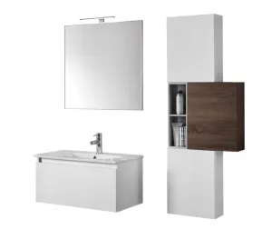 Mobile Bagno 70cm Sospeso Cassetto, Colonna Pensile, Vano a Giorno, Specchio E Lampada