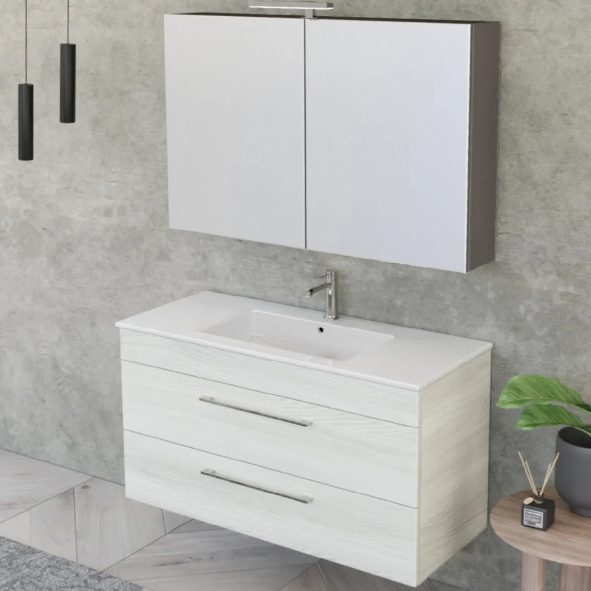 Mobile Bagno Sospeso 100cm Con Specchiera Olmo Bianco FACILE