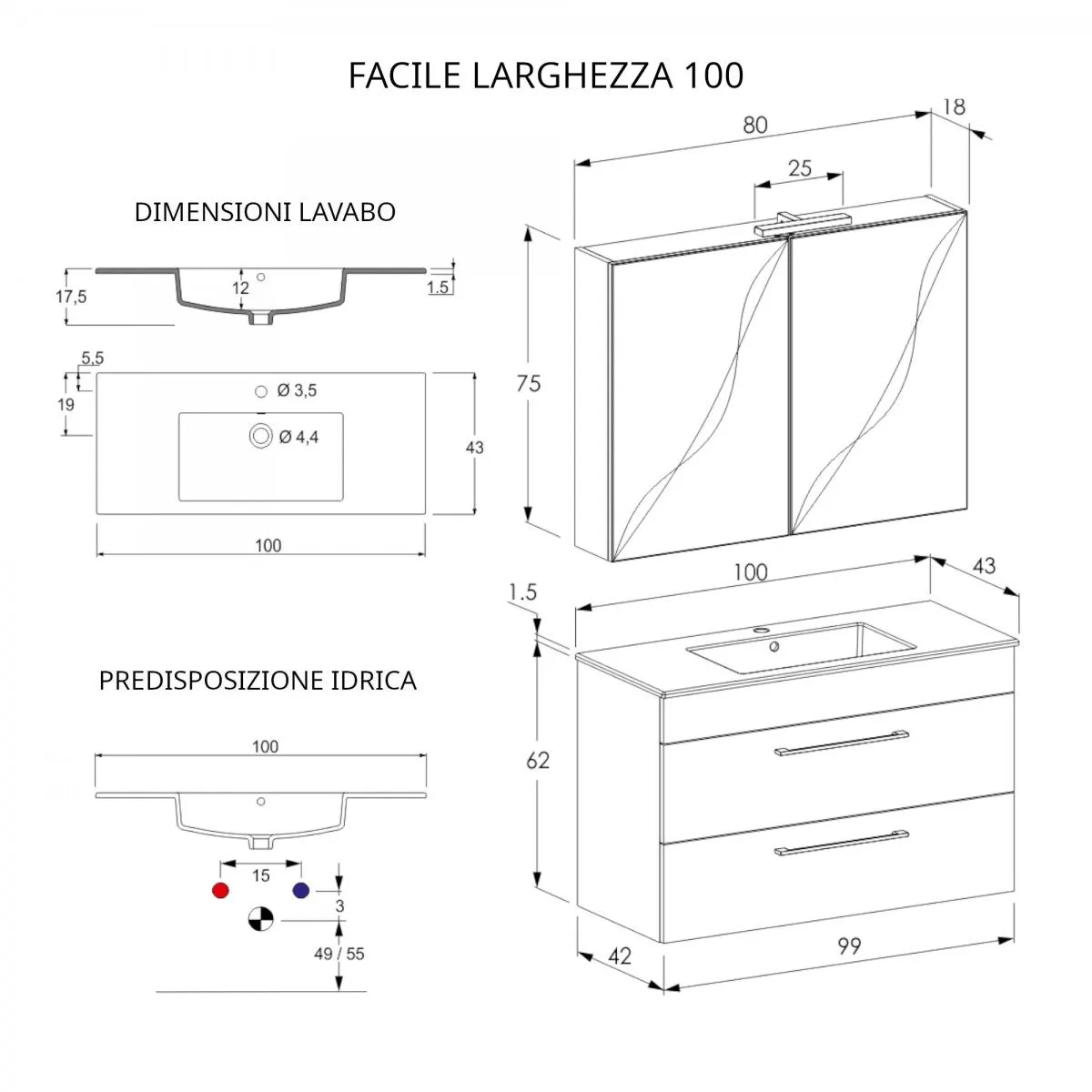 Mobile Bagno Sospeso 100cm Con Specchiera Olmo Bianco FACILE