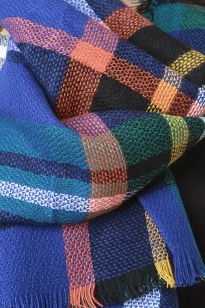 Multi Colored Frayed Hem Plaid Blanket Scarf