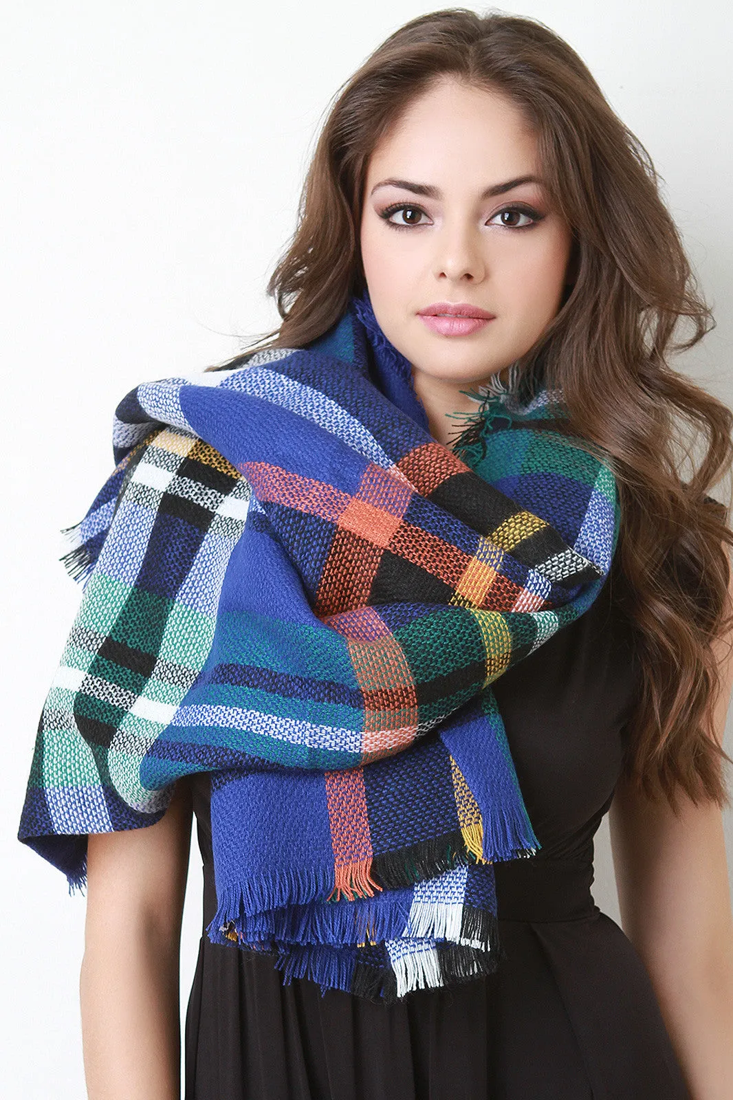 Multi Colored Frayed Hem Plaid Blanket Scarf