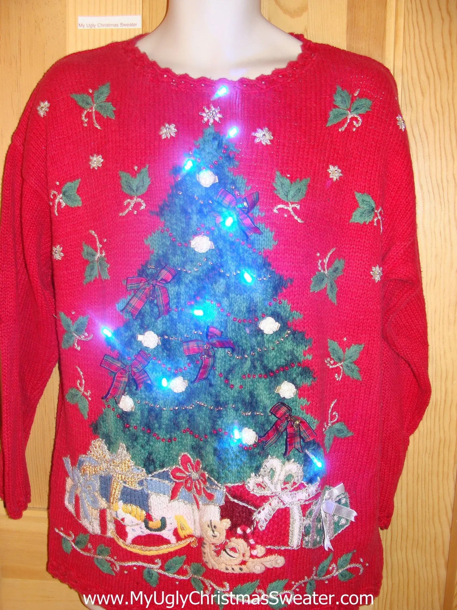 Red Tacky Light Up Christmas Sweater and Huge Tree