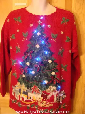 Red Tacky Light Up Christmas Sweater and Huge Tree