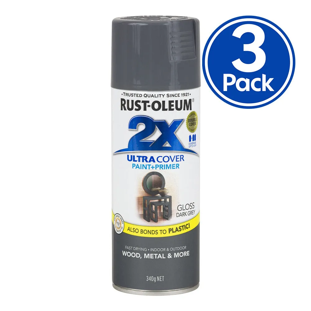 RUST-OLEUM 2X Gloss Paint & Primer Spray Paint 340g Dark Grey x 3 Pack