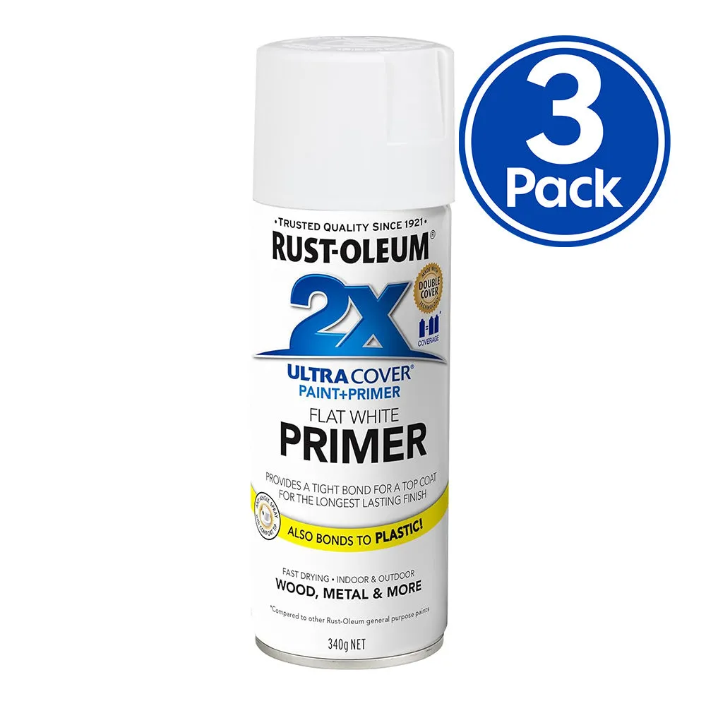 RUST-OLEUM 2X Ultra Cover Flat Primer Spray Paint 340g White x 3 Pack