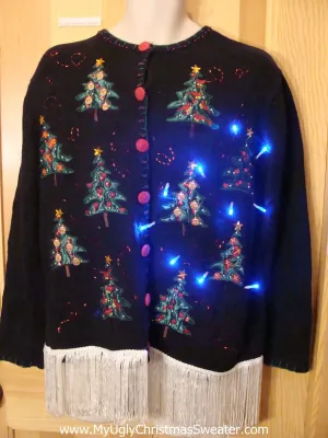 Tacky Light Up Christmas Sweater Fringe Festive Trees