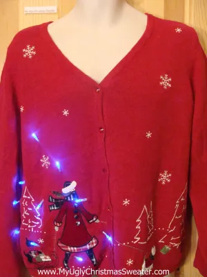 Tacky Red Light Up Christmas Sweater Scotty Dog Puppy on Sled