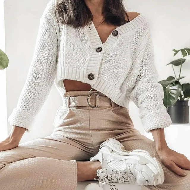 Trendy Cropped Long Sleeve Twist Crochet Sweater