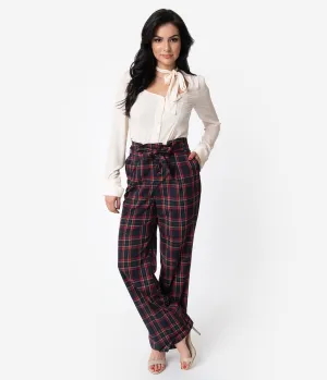 Unique Vintage 1940s Style Black & Red Plaid Paper Bag High Waisted Myrna Pants